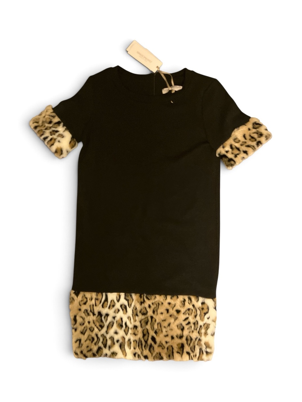 Rinascimento Black Dress with Leopard Faux-Fur Trim - Made in Italy